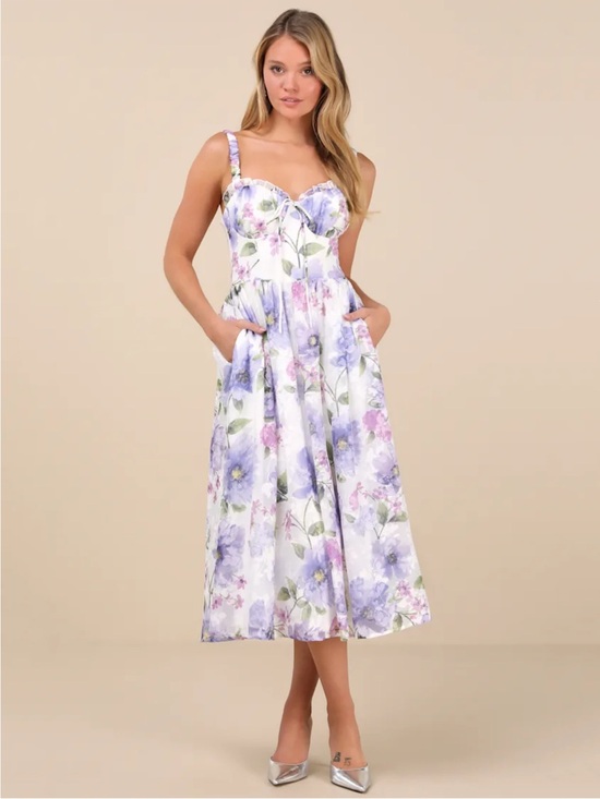 Lulus Dresses & Skirts - Lulus Hillela Ivory Floral Ruffled Lace-Up Midi Skater Dress